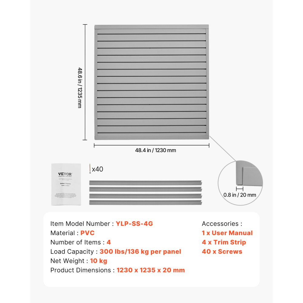 VEVOR Slat Wall Paneling, 4 x 4 ft, PVC Garage Slatwall with Modular Design, Grey Slat Wall Easy-to-Install Adjustable Slatwall Panel with Coupling Structure & DIY Cutting, Fits for Storage & Display