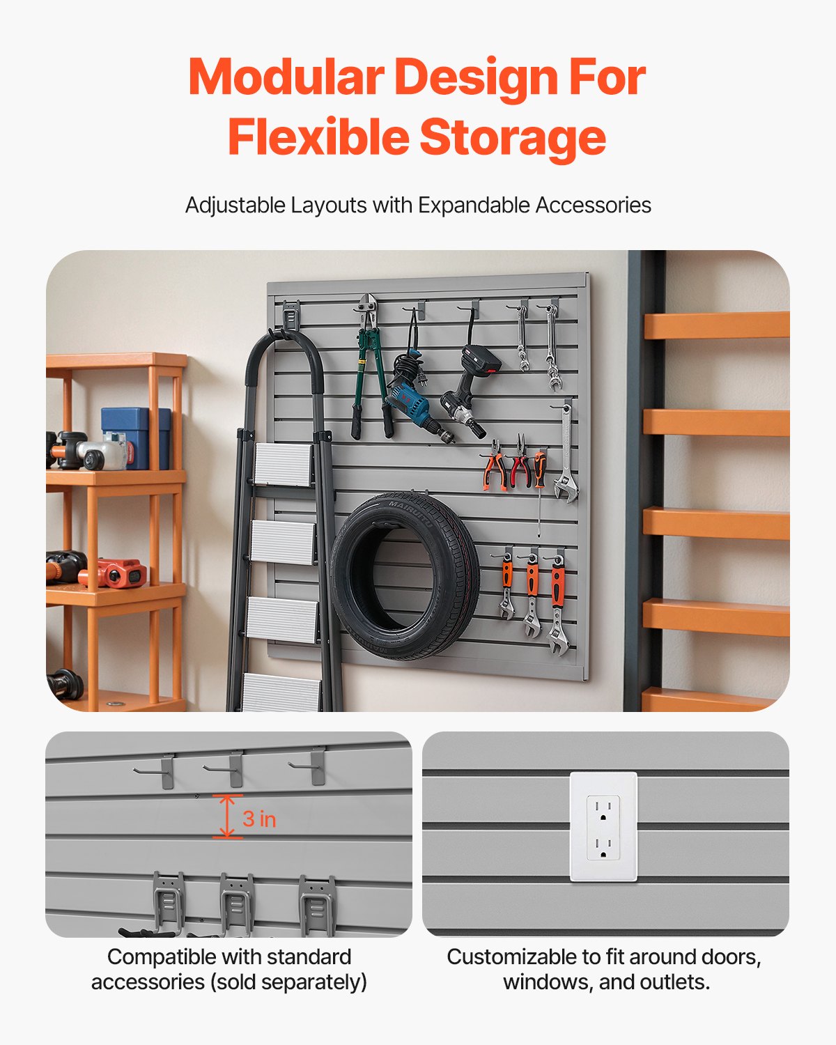 VEVOR Slat Wall Paneling, 4 x 4 ft, PVC Garage Slatwall with Modular Design, Grey Slat Wall Easy-to-Install Adjustable Slatwall Panel with Coupling Structure & DIY Cutting, Fits for Storage & Display