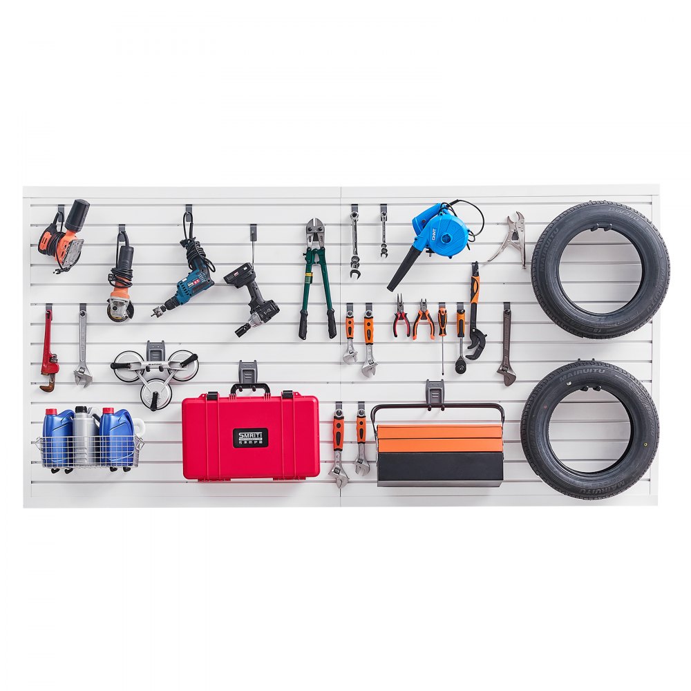 VEVOR Slat Wall Paneling, 8 x 4 ft, PVC Garage Slatwall with Accessories, White Slat Wall Easy-to-Install Adjustable Slatwall Panel with Coupling Structure & DIY Cutting, Fits for Storage & Display