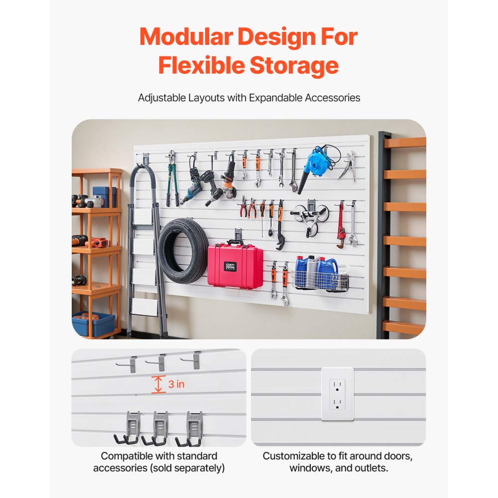 VEVOR Slat Wall Paneling, 8 x 4 ft, PVC Garage Slatwall with Accessories, White Slat Wall Easy-to-Install Adjustable Slatwall Panel with Coupling Structure & DIY Cutting, Fits for Storage & Display