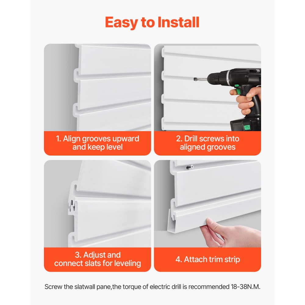 VEVOR Slat Wall Paneling, 8 x 4 ft, PVC Garage Slatwall with Accessories, White Slat Wall Easy-to-Install Adjustable Slatwall Panel with Coupling Structure & DIY Cutting, Fits for Storage & Display