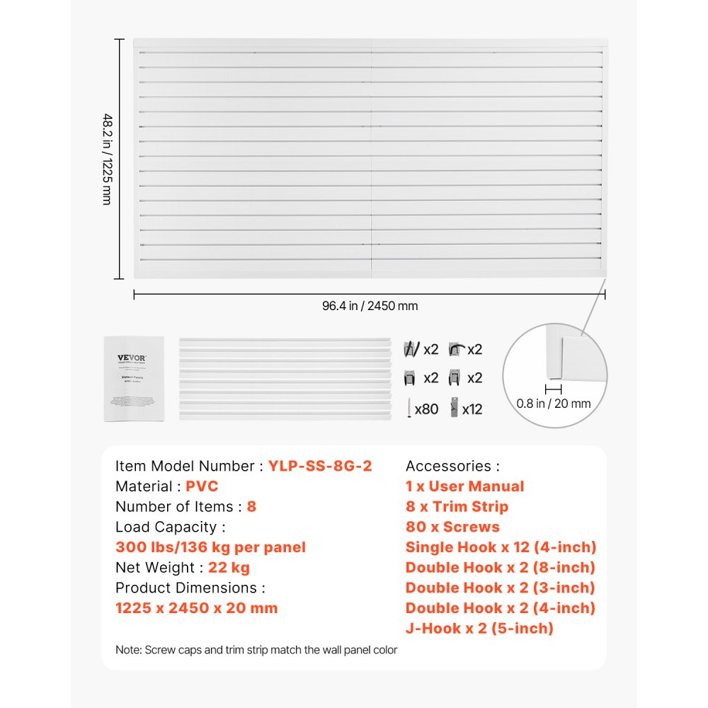 VEVOR Slat Wall Paneling, 8 x 4 ft, PVC Garage Slatwall with Accessories, White Slat Wall Easy-to-Install Adjustable Slatwall Panel with Coupling Structure & DIY Cutting, Fits for Storage & Display
