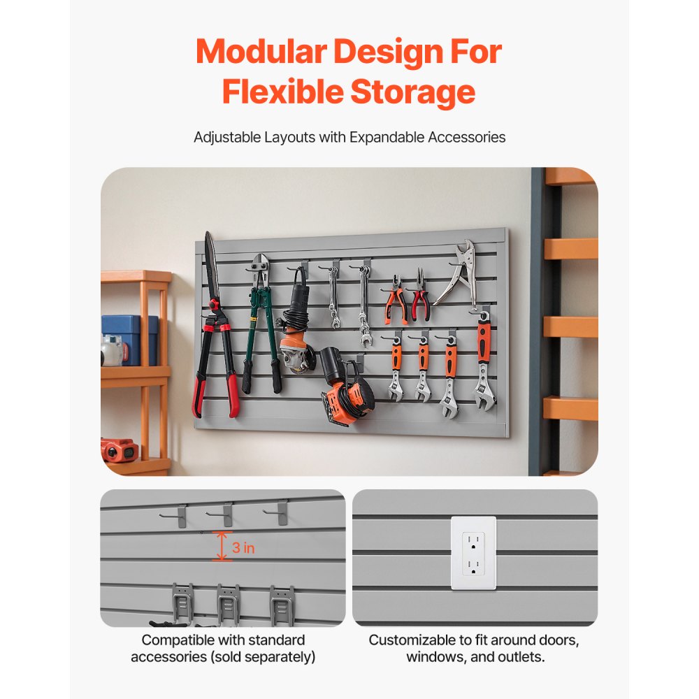 VEVOR Slat Wall Paneling, 2 x 4 ft, PVC Garage Slatwall with Modular Design, Grey Slat Wall Easy-to-Install Adjustable Slatwall Panel with Coupling Structure & DIY Cutting, Fits for Storage & Display