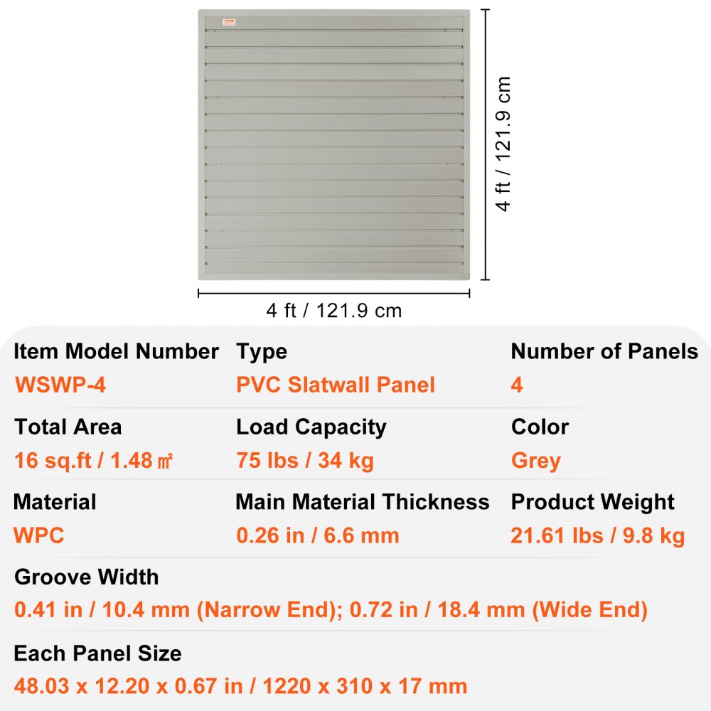 VEVOR Slatwall Panels, 4 ft x 1 ft Gray Garage Wall Panels 12"H x 48"L (Set of 4 Panels), Heavy Duty Garage Wall Organizer Panels Display for Retail Store, Garage Wall, and Craft Storage Organization