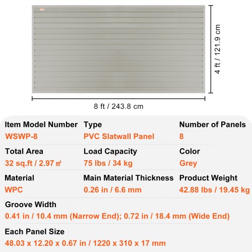 VEVOR Slatwall Panels - 4ft X 1ft Grey Garage Wall Panels (Set Of 8) With 75lb Capacity