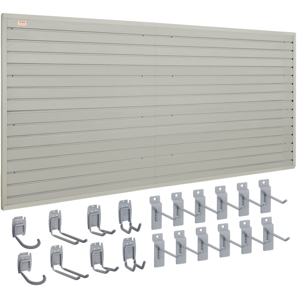 Slatwallové panely VEVOR s háčky, 4 stopy x 1 stopa šedé garážové nástěnné panely 12"V x 48"L (sada 8 panelů), odolný displej garážového nástěnného organizéru pro maloobchod, garážová stěna, organizace řemeslných skladů