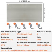 VEVOR Slatwall Panels with Hooks, 121.9 x 30.48 cm Gray Garage Wall Panels (Set of 8 Panels), Heavy Duty Garage Wall Organizer Panels Display for Retail Store, Garage Wall, Craft Storage Organization