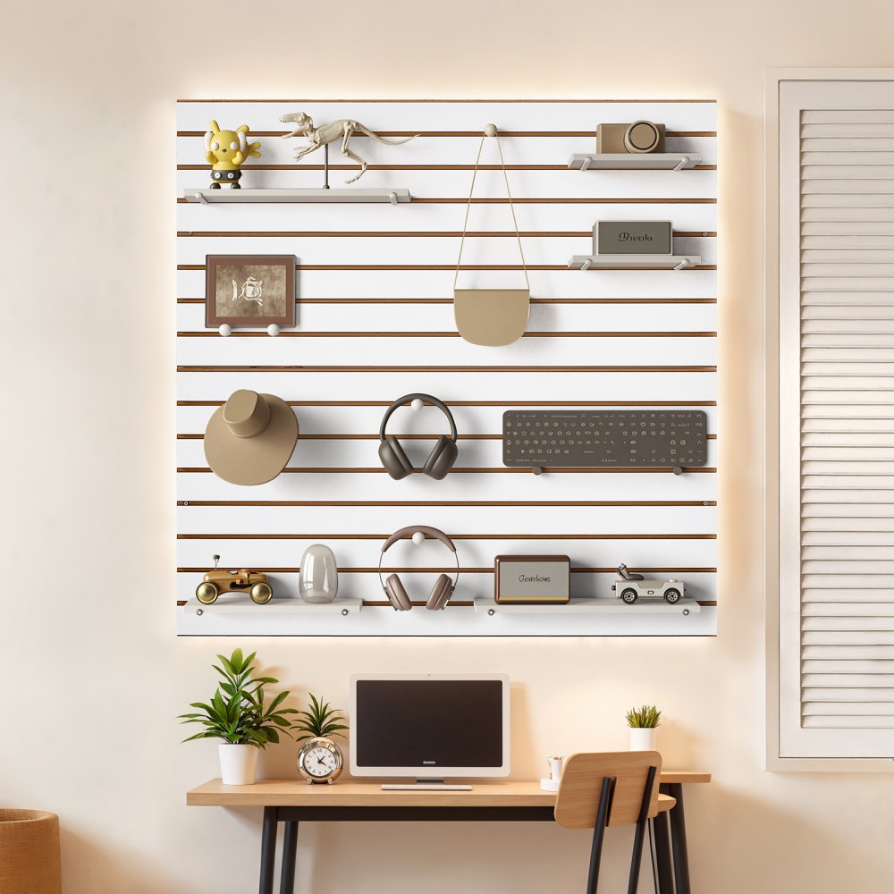 VEVOR Slat Wall Paneling, 4 x 4 ft, MDF Garage Slatwall with Modular Design, White Slat Wall Easy-to-Install Adjustable Slatwall Panel with Coupling Structure & DIY Cutting, Fits for Storage & Display