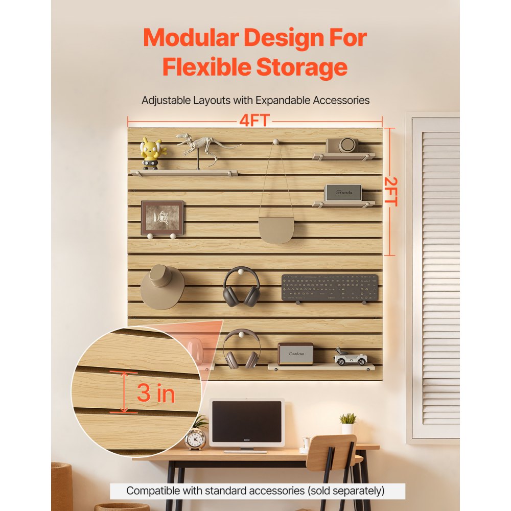 VEVOR Slat Wall Paneling, 4 x 4ft, MDF Garage Slatwall with Modular Design, Natural Slat Wall Easy-to-Install Adjustable Slatwall Panel with Coupling Structure & DIY Cutting, Fit for Storage & Display