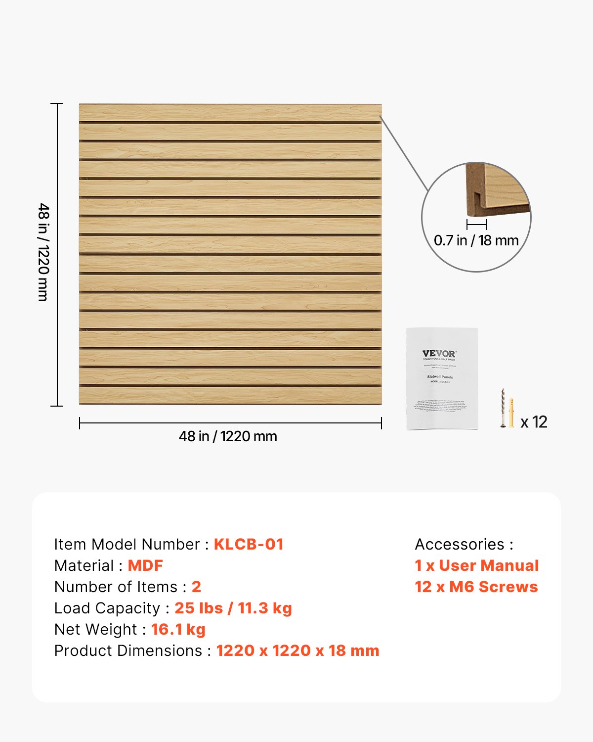 VEVOR Slat Wall Paneling, 4 x 4ft, MDF Garage Slatwall with Modular Design, Natural Slat Wall Easy-to-Install Adjustable Slatwall Panel with Coupling Structure & DIY Cutting, Fit for Storage & Display