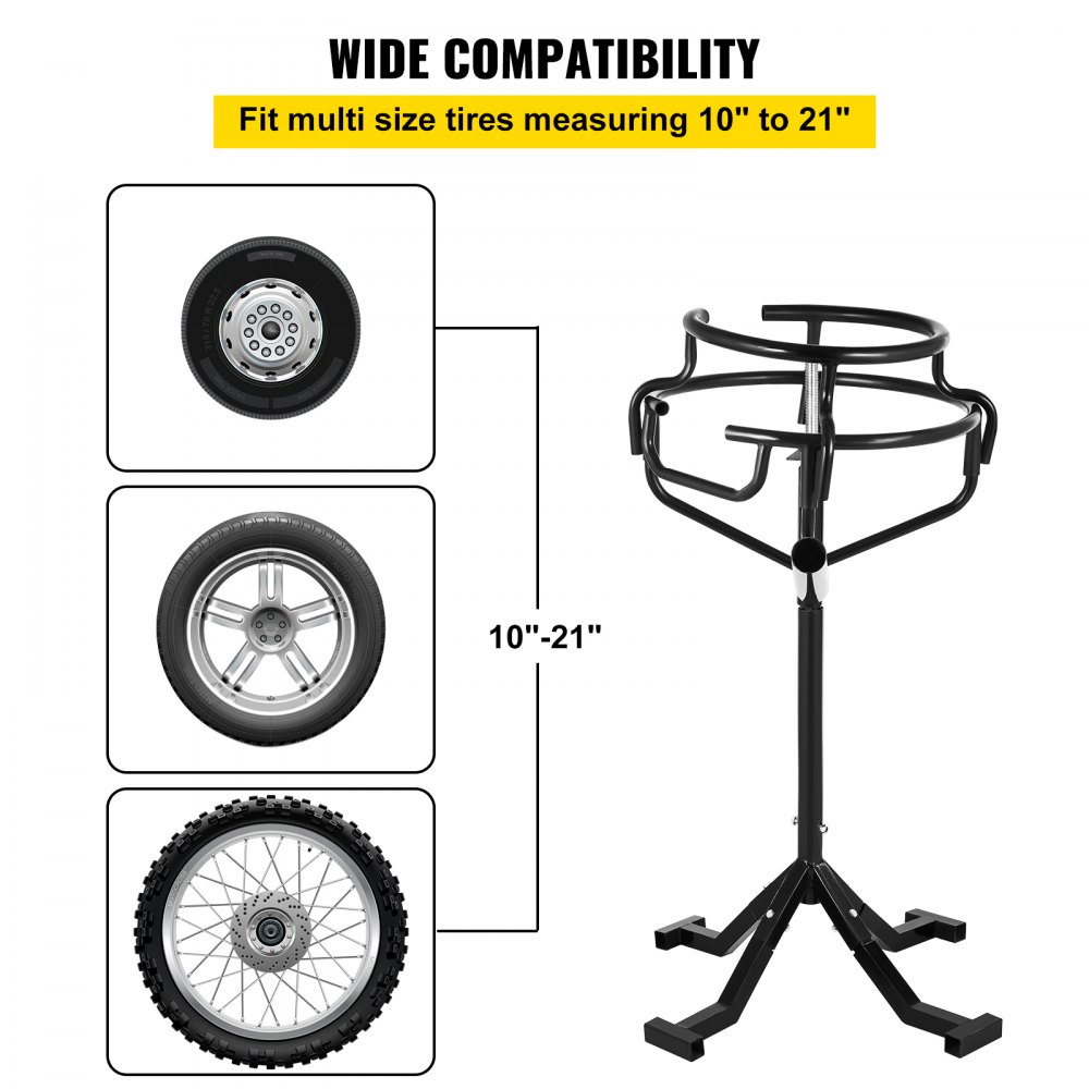 VEVOR Motorcycle Tire Changing Stand, Fit for 10" - 21" Multi Tire Sizes, 37" - 41.3" Adjustable Height Durable Steel Tire Change Stand, Four Stand Feet Motocross Dirt Bike Tire Changer, Black