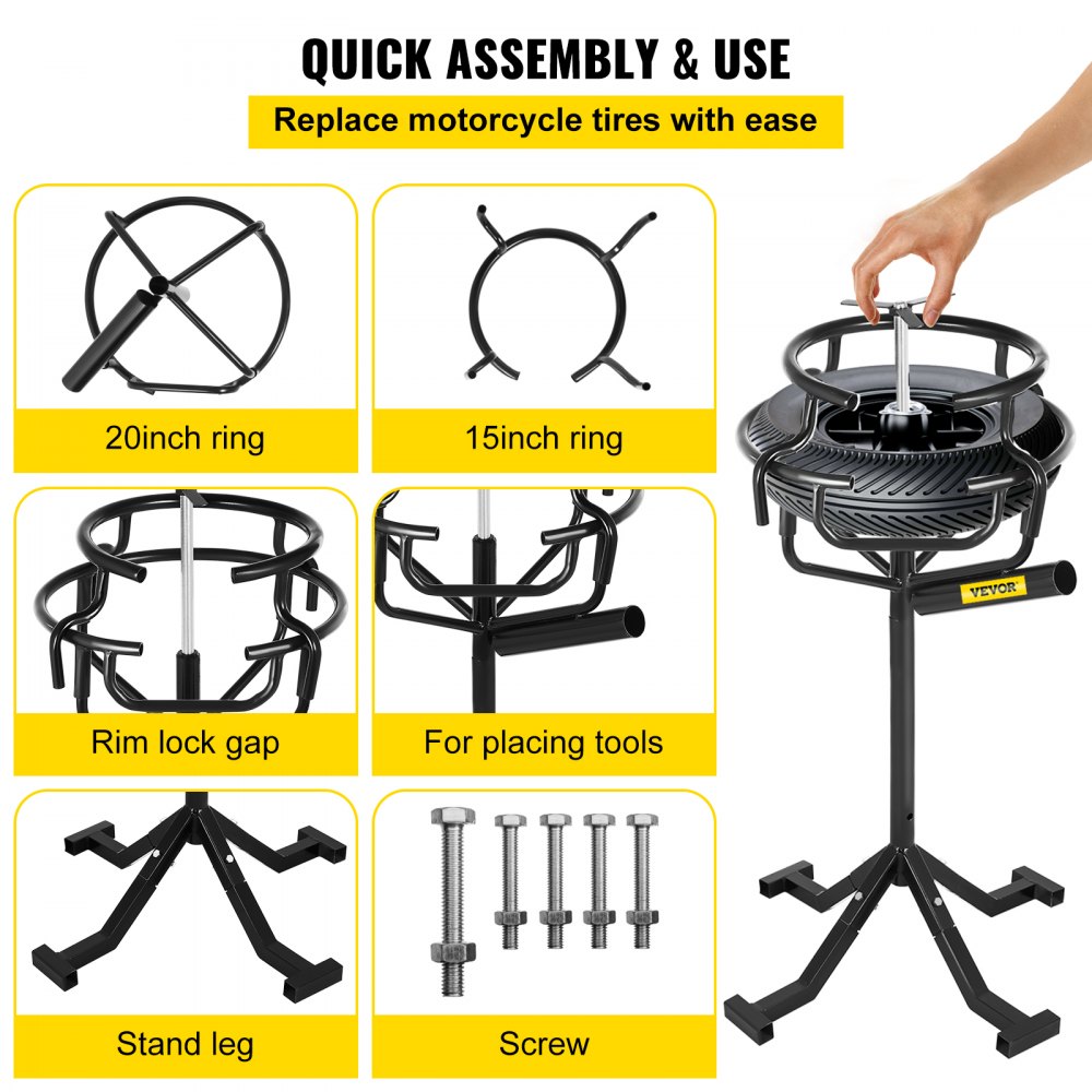 VEVOR Motorcycle Tire Changing Stand, Fit for 10" - 21" Multi Tire Sizes, 37" - 41.3" Adjustable Height Durable Steel Tire Change Stand, Four Stand Feet Motocross Dirt Bike Tire Changer, Black