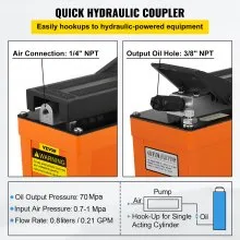 VEVOR Air Hydraulic Pump 10000 PSI Air Over Hydraulic Pump 0.42 Gal Reservoir Air Treadle Foot Actuated Hydraulic Pump 3/8" NPT with 6.56 ft Hose 2 Connector Single Acting for Car Repair (Orange)