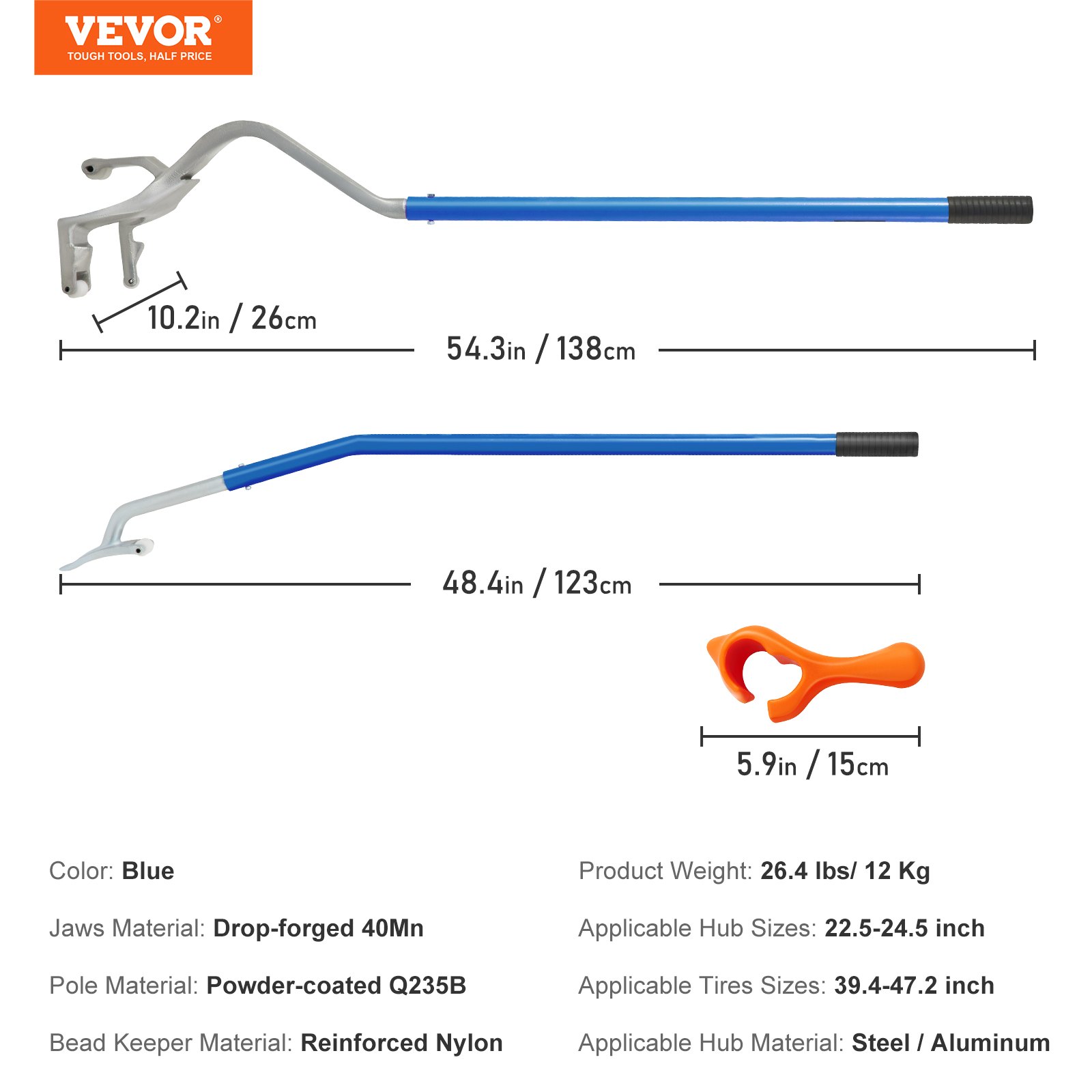 VEVOR Tire Mount Demount Tool, 22.5 to 24.5 inches, 3PCS Tire Changer Demount Tool Adapted to Aluminum and Steel Rims, with Extra Bead Keeper, Tire Changing Tools for Car Repairing, Blue