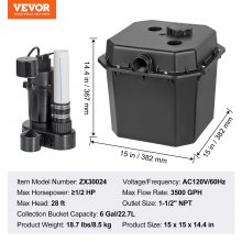 VEVOR Utility Sink Pump, 1/2 HP, 120-Volt, 3500 GPH Flow, 28 ft Head, Under-Sink Sump Pump System with 6 Gallon Basin, Automatic Utility/Laundry Sink Pump, Drain Pump with 1-1/2" NPT Outlet, Black