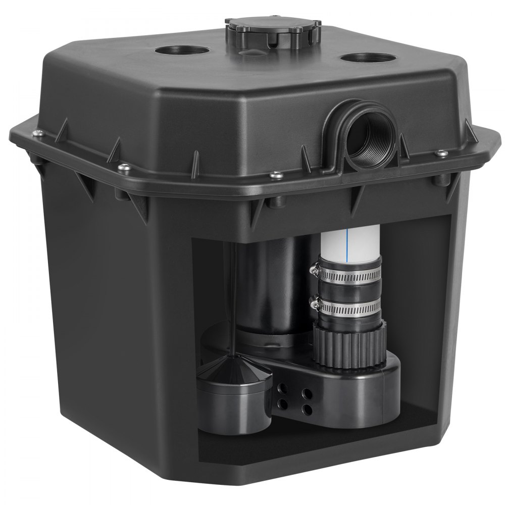 black VEVOR utility sink pump with threaded inlet, reinforced base, and visible internal components.