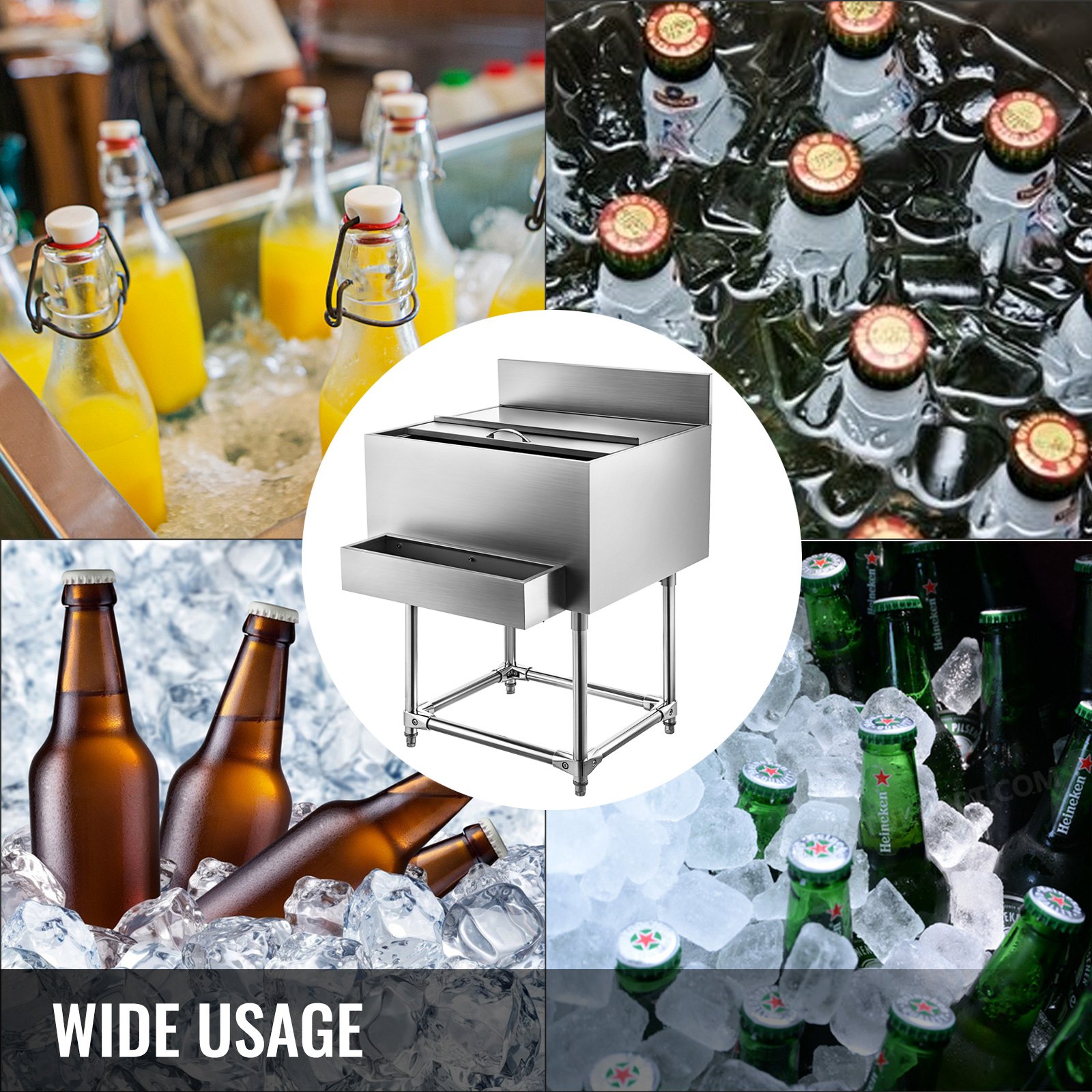 Stainless Steel Underbar Ice Bin Standing Cooler 61x53 cm Ice Chest for Bar