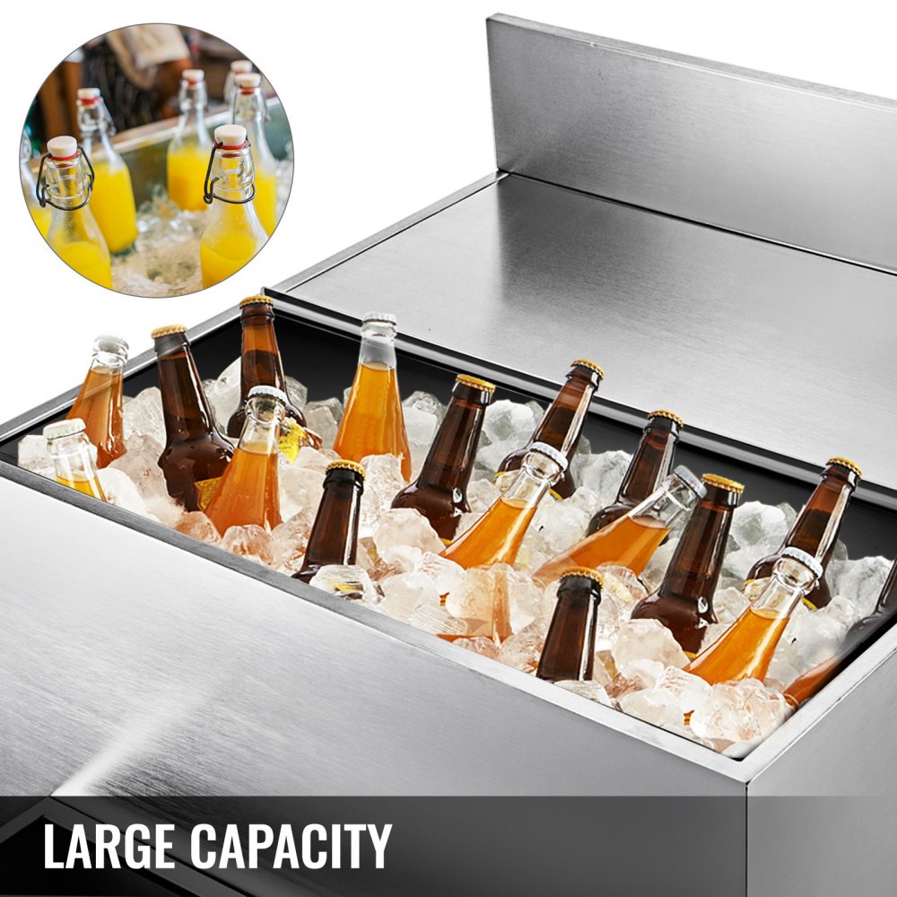 VEVOR Stainless Steel Underbar Ice Bin 30 x 21 Inch, Standing Cooler 215 lbs Ice Capacity, Ice Chest for Bar Silver, Stainless Steel Cooler with Sliding Cover, Bottle Shelf and Adjustable Feet