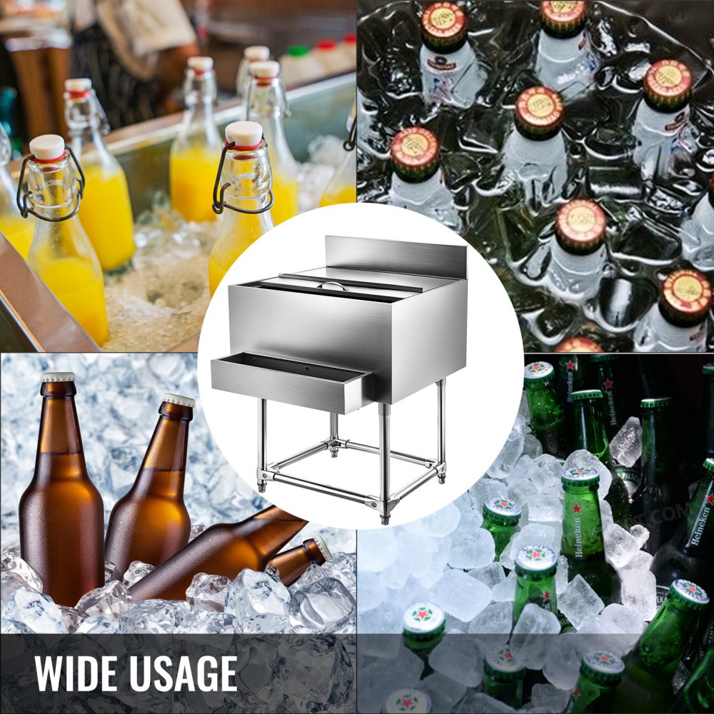 VEVOR Stainless Steel Underbar Ice Bin 30 x 21 Inch, Standing Cooler 215 lbs Ice Capacity, Ice Chest for Bar Silver, Stainless Steel Cooler with Sliding Cover, Bottle Shelf and Adjustable Feet