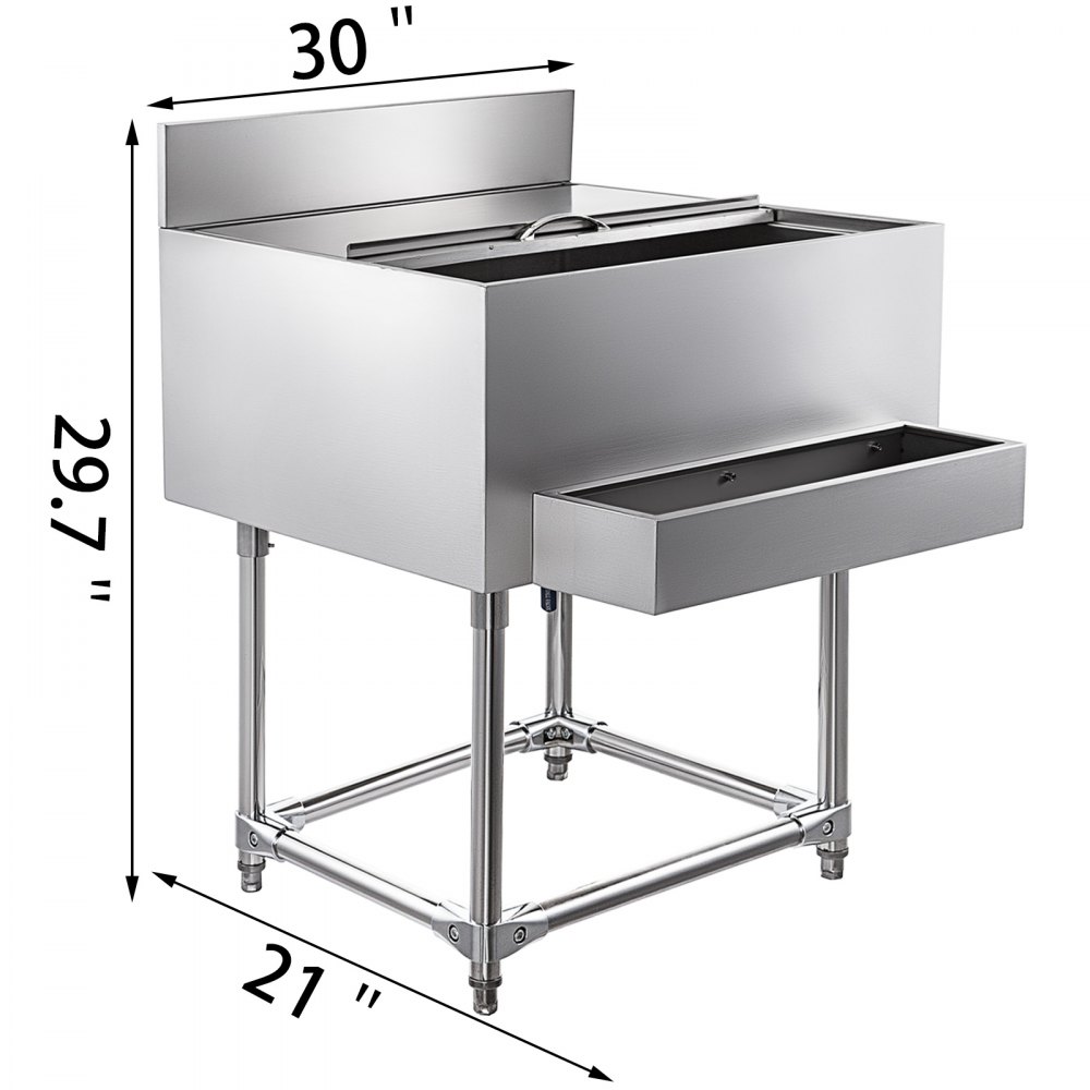 VEVOR Stainless Steel Underbar Ice Bin 30 x 21 Inch, Standing Cooler 215 lbs Ice Capacity, Ice Chest for Bar Silver, Stainless Steel Cooler with Sliding Cover, Bottle Shelf and Adjustable Feet