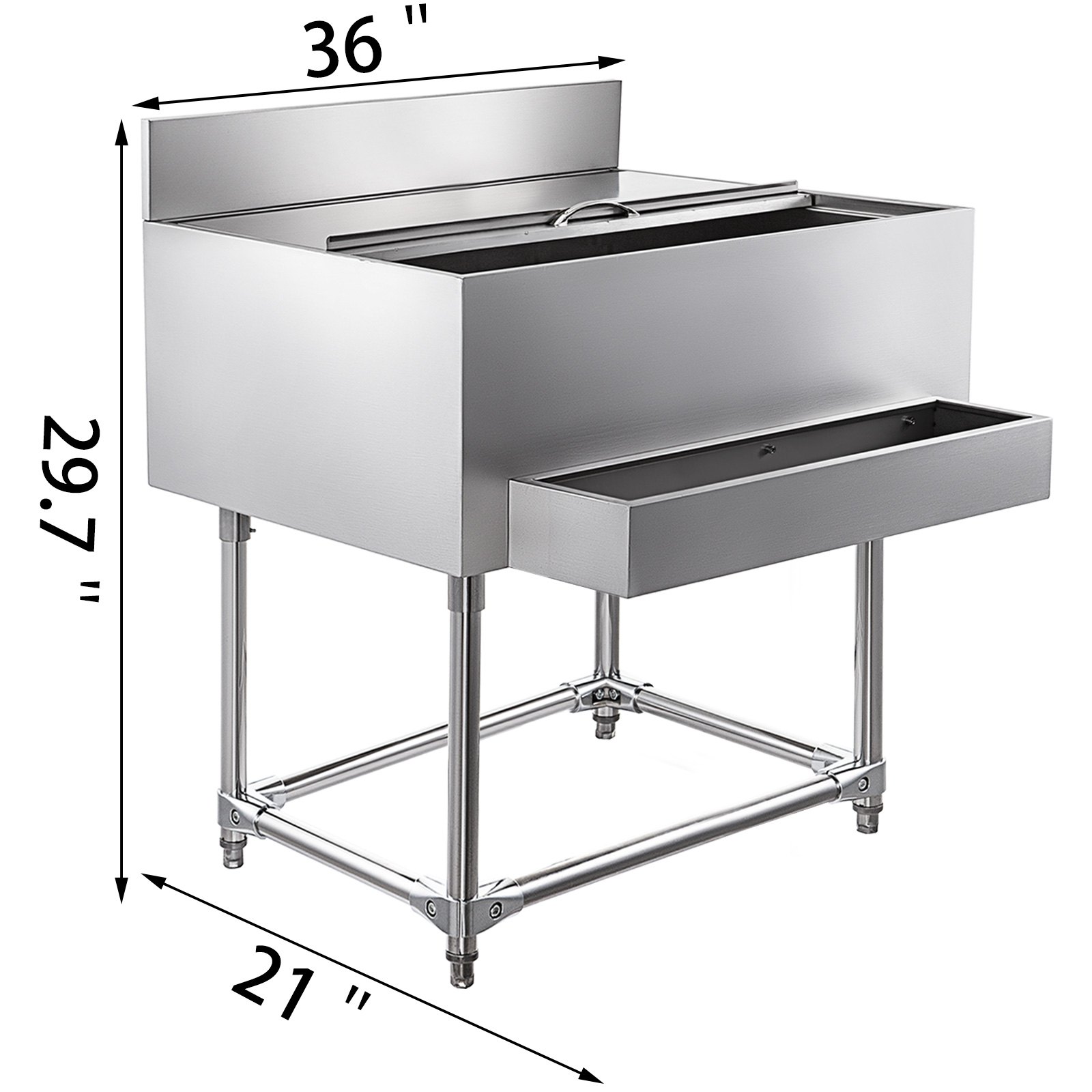 VEVOR Stainless Steel Underbar Ice Bin 36 x 21 Inch, Standing Cooler 264 lbs Ice Capacity, Ice Chest for Bar Silver, Stainless Steel Cooler with Sliding Cover, Bottle Shelf and Adjustable Feet