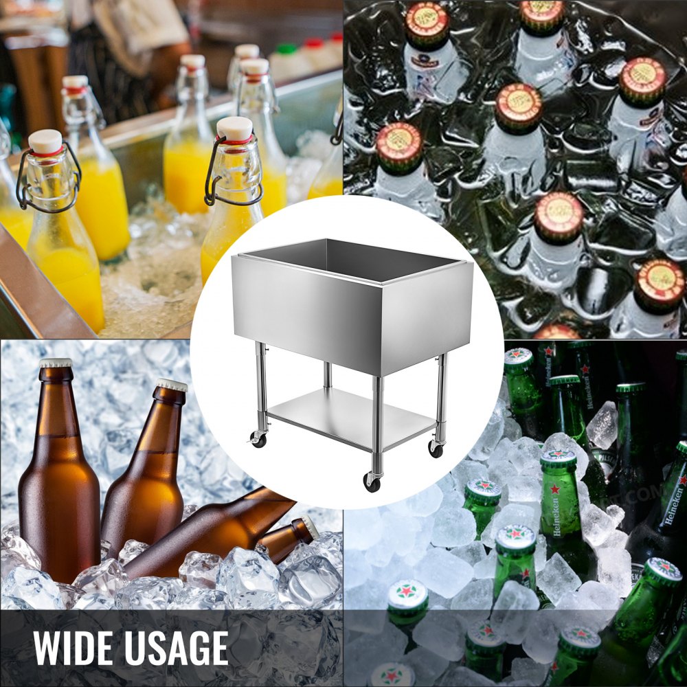 Vevor Stainless Steel Underbar Ice Bin Rolling Cooler Cart 24 x 21 In, Ice Chest