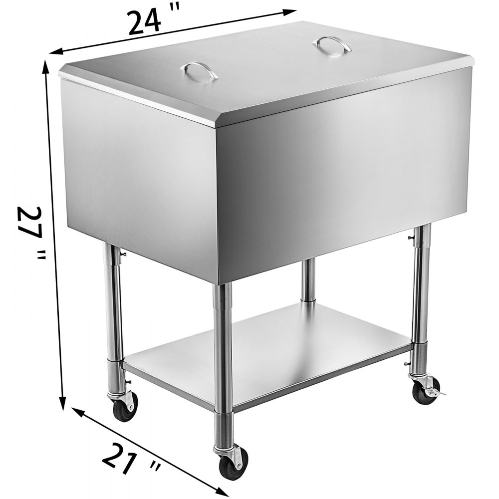 Vevor Stainless Steel Underbar Ice Bin Rolling Cooler Cart 24 x 21 In, Ice Chest