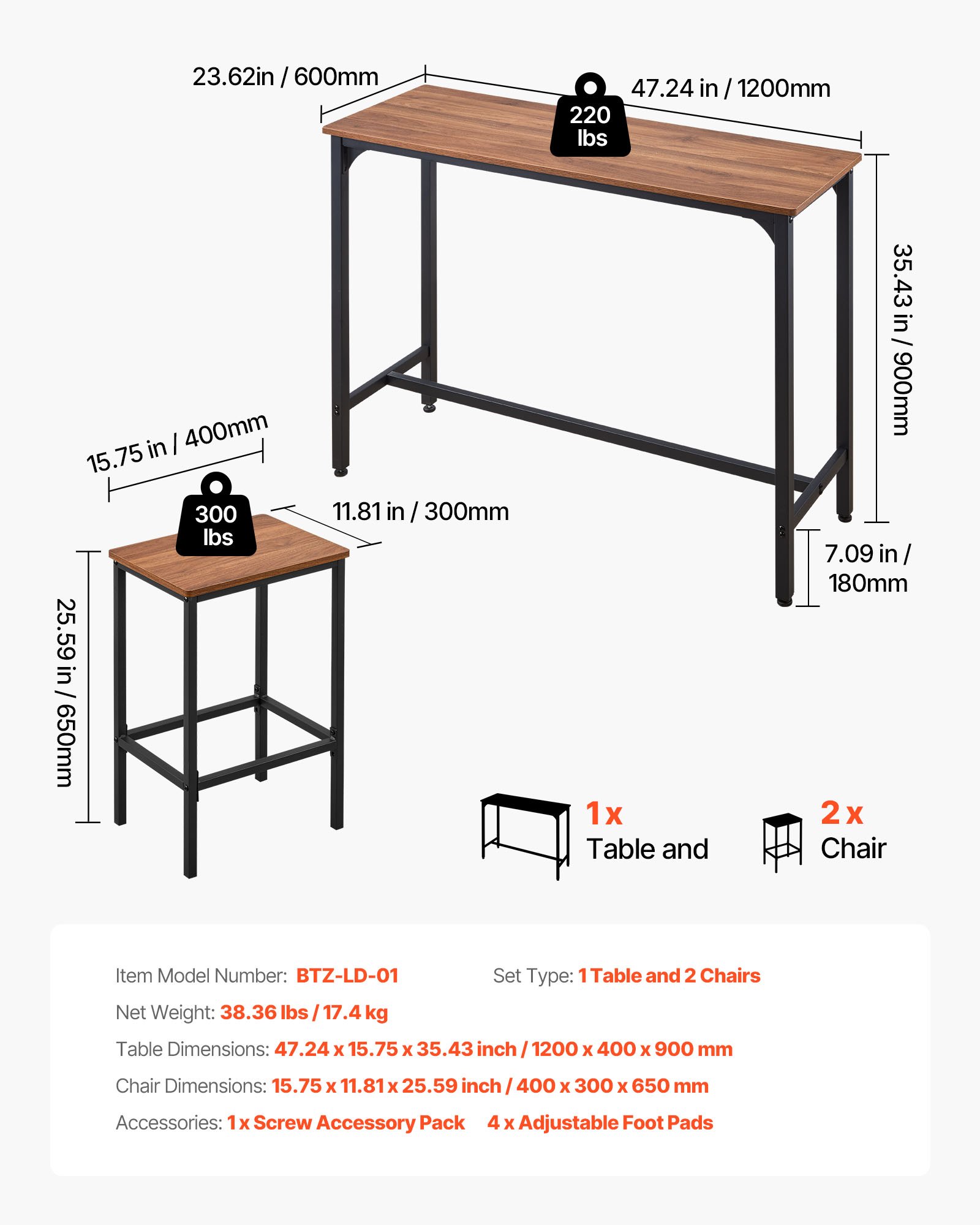 VEVOR Bar Table, 3PCS 47″ Bars Tables Set, Bar Tables and Chair Set with Rounded Edge Design, Rectangular Pub Table with Two Stools for Office Desk, Breakfast Corner, Mini Bars, Rustic Brown, Black