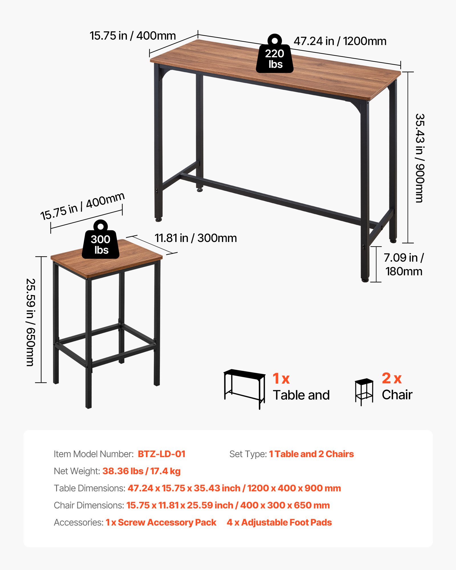 VEVOR Bar Table, 3PCS 1193.8mm Bars Tables Set, Bar Tables and Chair Set with Rounded Edge Design, Rectangular Pub Table with Two Stools for Office Desk, Breakfast Corner, Mini Bars, Rustic Brown
