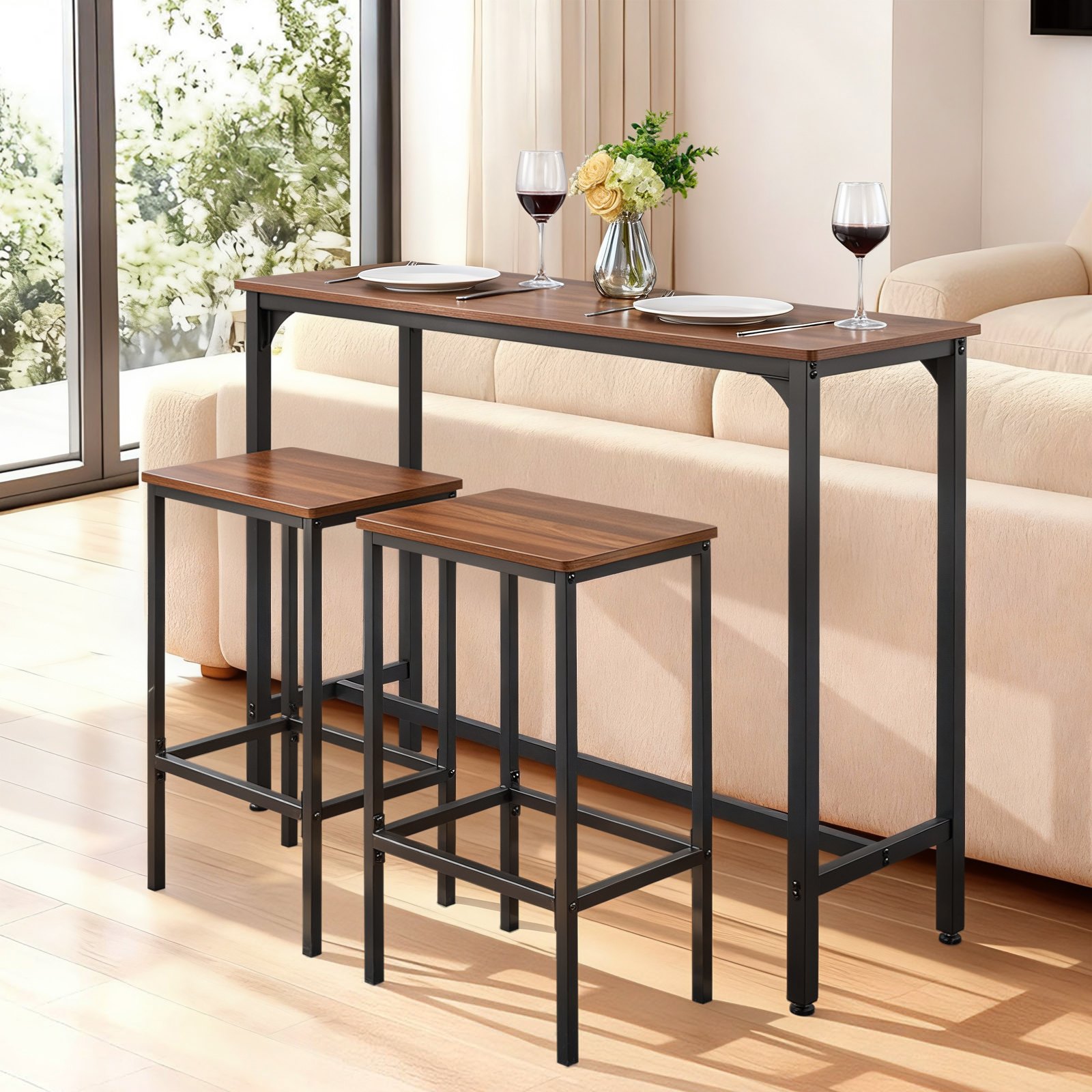 VEVOR Bar Table, 3PCS 1193.8mm Bars Tables Set, Bar Tables and Chair Set with Rounded Edge Design, Rectangular Pub Table with Two Stools for Office Desk, Breakfast Corner, Mini Bars, Rustic Brown