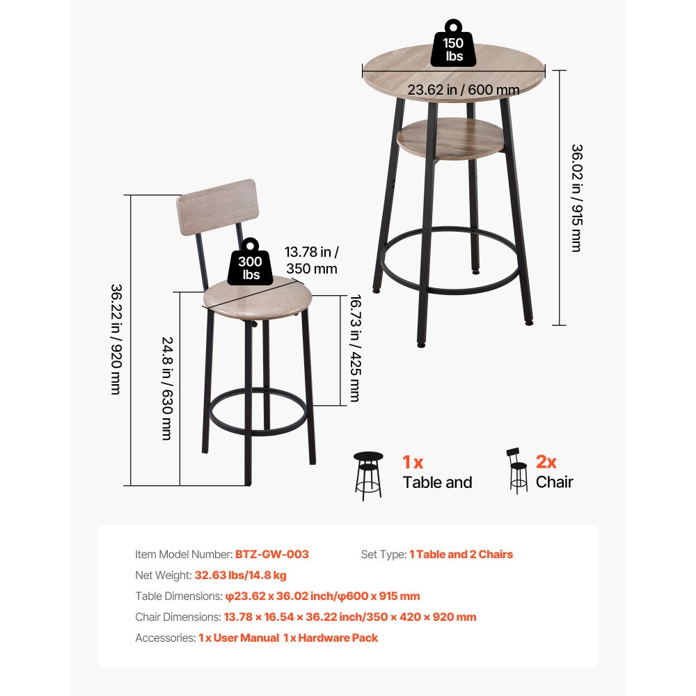 VEVOR Bar Table, 3PCS 596.9mm Bars Tables Set, Bar Tables and Chair Set with Rounded Corner Design, Round Pub Table with Two Stools for Office Desk, Breakfast Corner, Mini Bars, Light Gray, Black