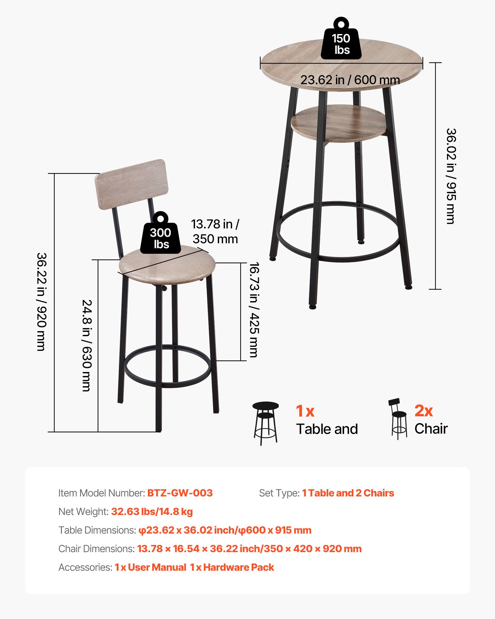 VEVOR Bar Table, 3PCS 596.9mm Bars Tables Set, Bar Tables and Chair Set with Rounded Corner Design, Round Pub Table with Two Stools for Office Desk, Breakfast Corner, Mini Bars, Light Gray, Black