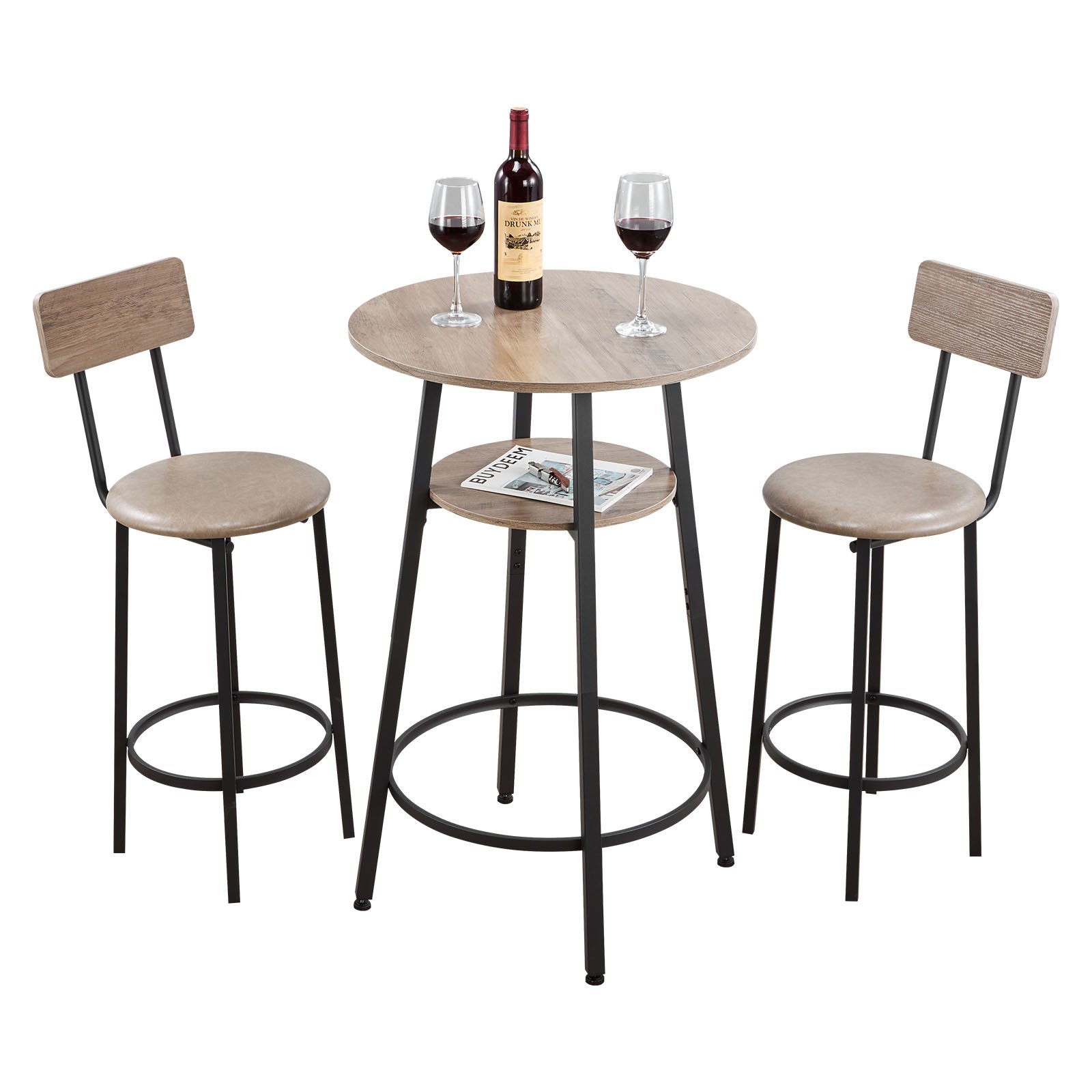 VEVOR Bar Table, 3PCS 596.9mm Bars Tables Set, Bar Tables and Chair Set with Rounded Corner Design, Round Pub Table with Two Stools for Office Desk, Breakfast Corner, Mini Bars, Light Gray, Black