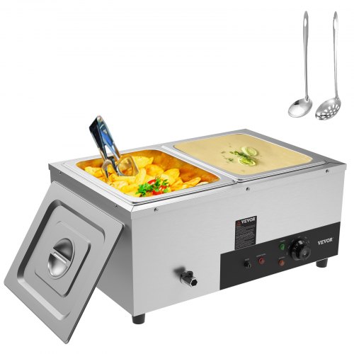 VEVOR 2-Pan Commercial Food Warmer, 2 x 12QT Electric Steam Table, 1500W Professional Countertop Stainless Steel Buffet Bain Marie with 86-185°F Temp Control for Catering and Restaurants, Silver