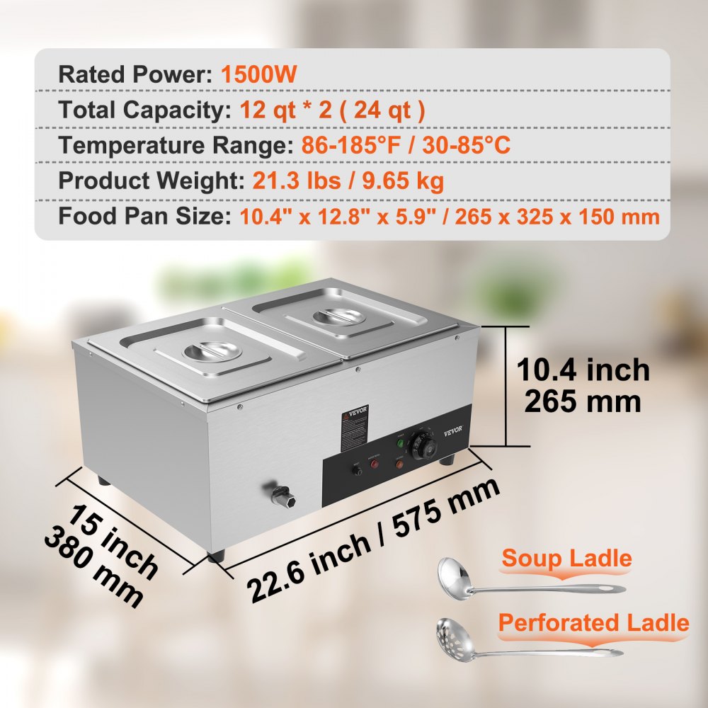 VEVOR Commercial Electric Food Warmer Countertop Buffet 2*12Qt Pan Bain Marie