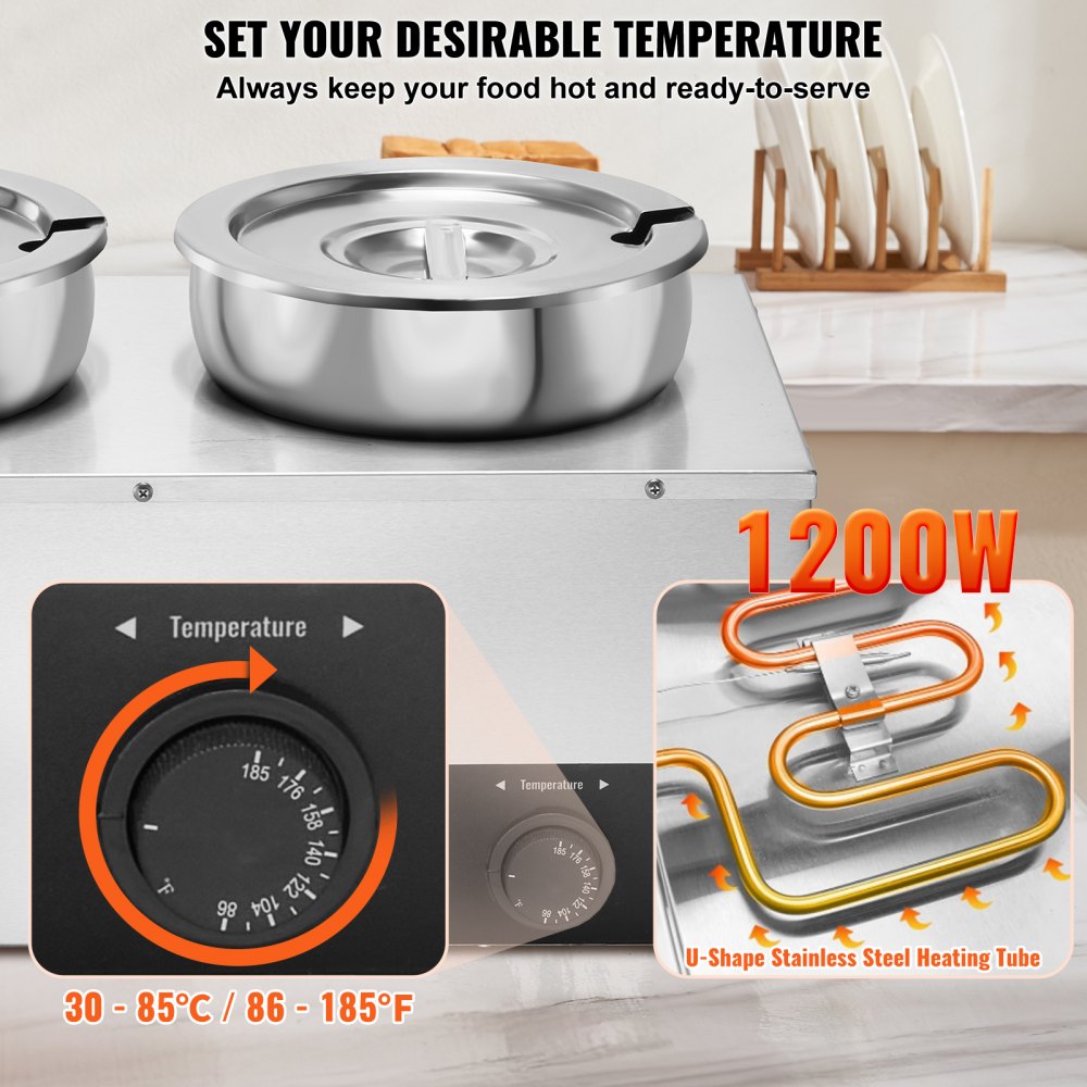 VEVOR Electric Soup Warmer, Dual 7.4QT Stainless Steel Round Pot, 1200W Commercial Food Warmer, 86~185°F Adjustable Temp, Bain Marie with Anti-Dry Burn and Reset Button, for Restaurant, Buffet