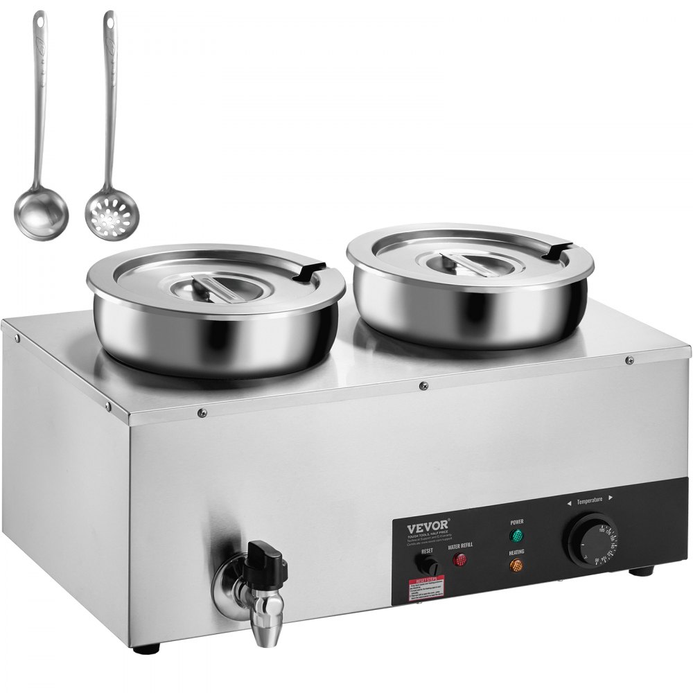 VEVOR electric soup warmer with dual stainless steel pots and control dials, includes ladles and lids.