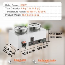 VEVOR Electric Soup Warmer, Dual 7.4QT Stainless Steel Round Pot 86~185°F Adjustable Temp, 1200W Commercial Bain Marie with Anti-dry Burn and Reset Button, Soup Station for Restaurant, Buffet, Silver