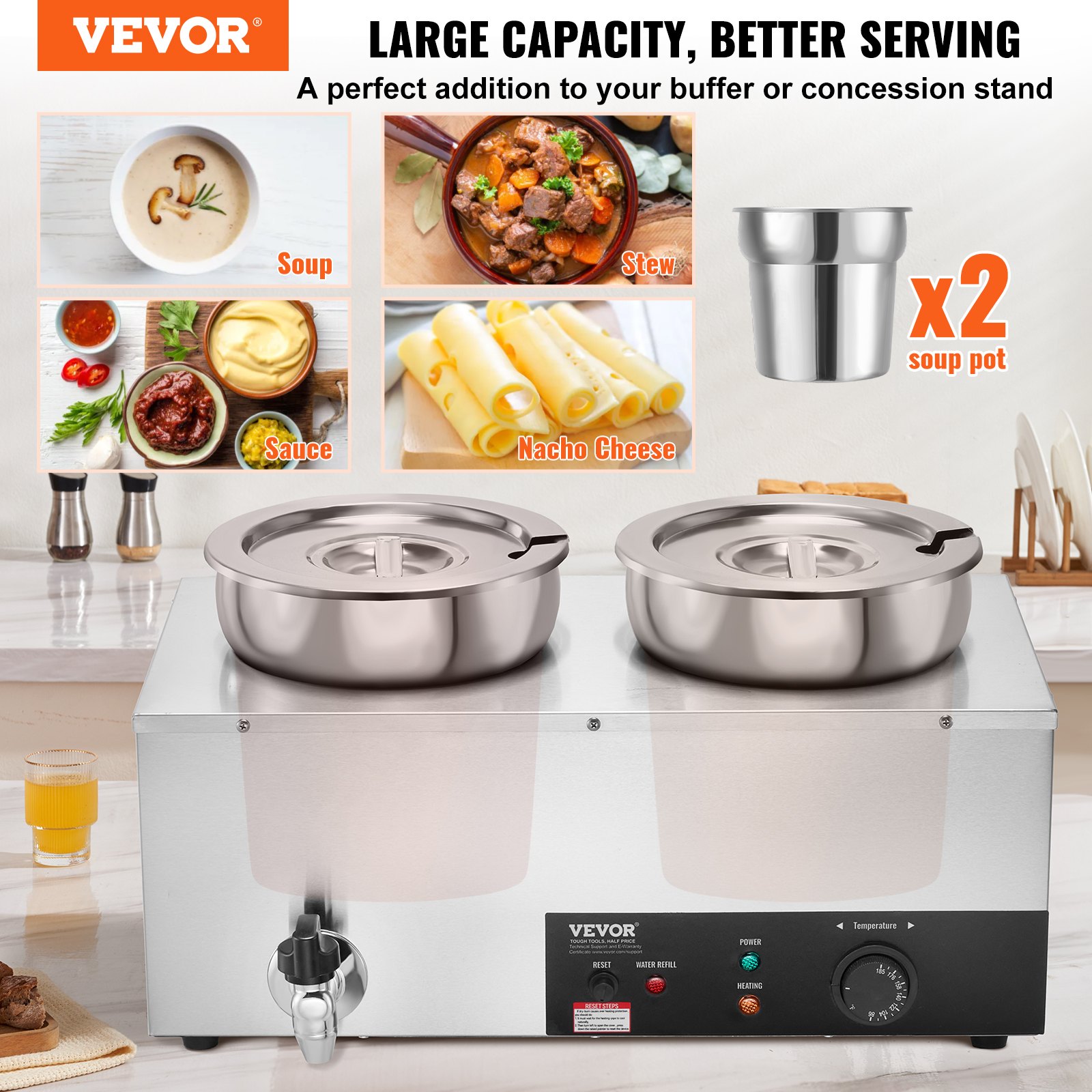 VEVOR Electric Soup Warmer, Dual 7.4QT Stainless Steel Round Pot, 1200W Commercial Food Warmer, 86~185°F Adjustable Temp, Bain Marie with Anti-Dry Burn and Reset Button, for Restaurant, Buffet