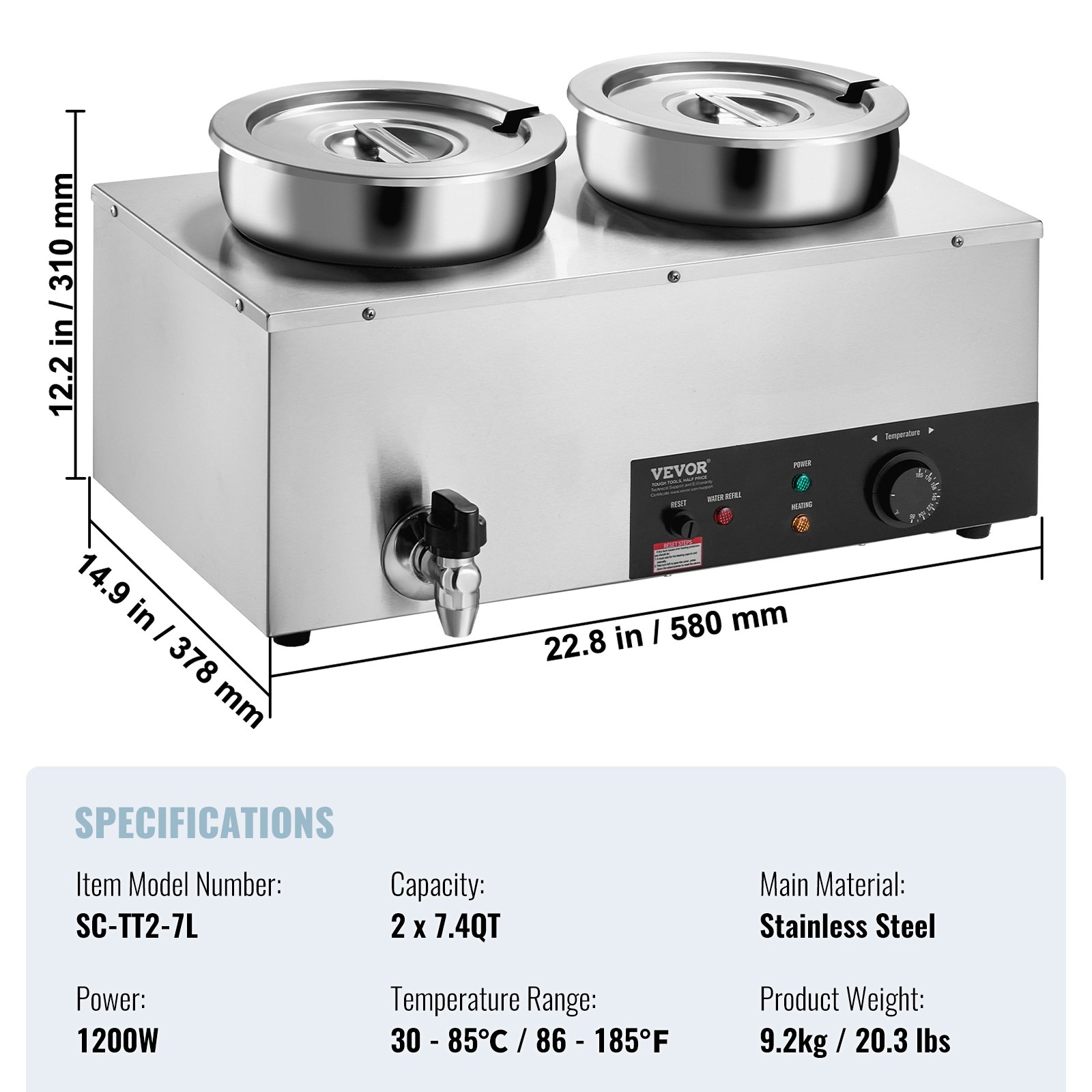 VEVOR Electric Soup Warmer, Dual 7.4QT Stainless Steel Round Pot, 1200W Commercial Food Warmer, 86~185°F Adjustable Temp, Bain Marie with Anti-Dry Burn and Reset Button, for Restaurant, Buffet