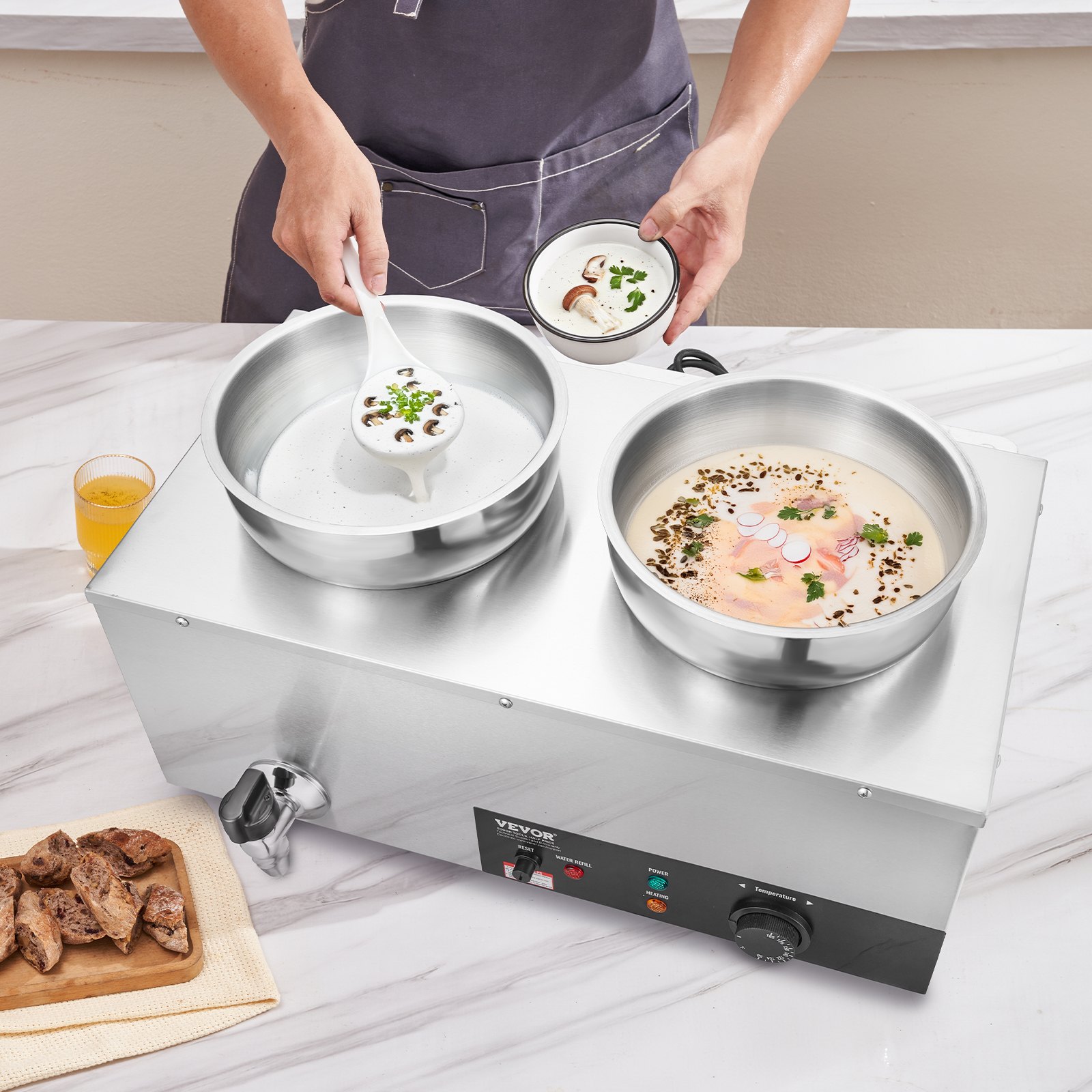 VEVOR Electric Soup Warmer, Dual 7.4QT Stainless Steel Round Pot, 1200W Commercial Food Warmer, 86~185°F Adjustable Temp, Bain Marie with Anti-Dry Burn and Reset Button, for Restaurant, Buffet