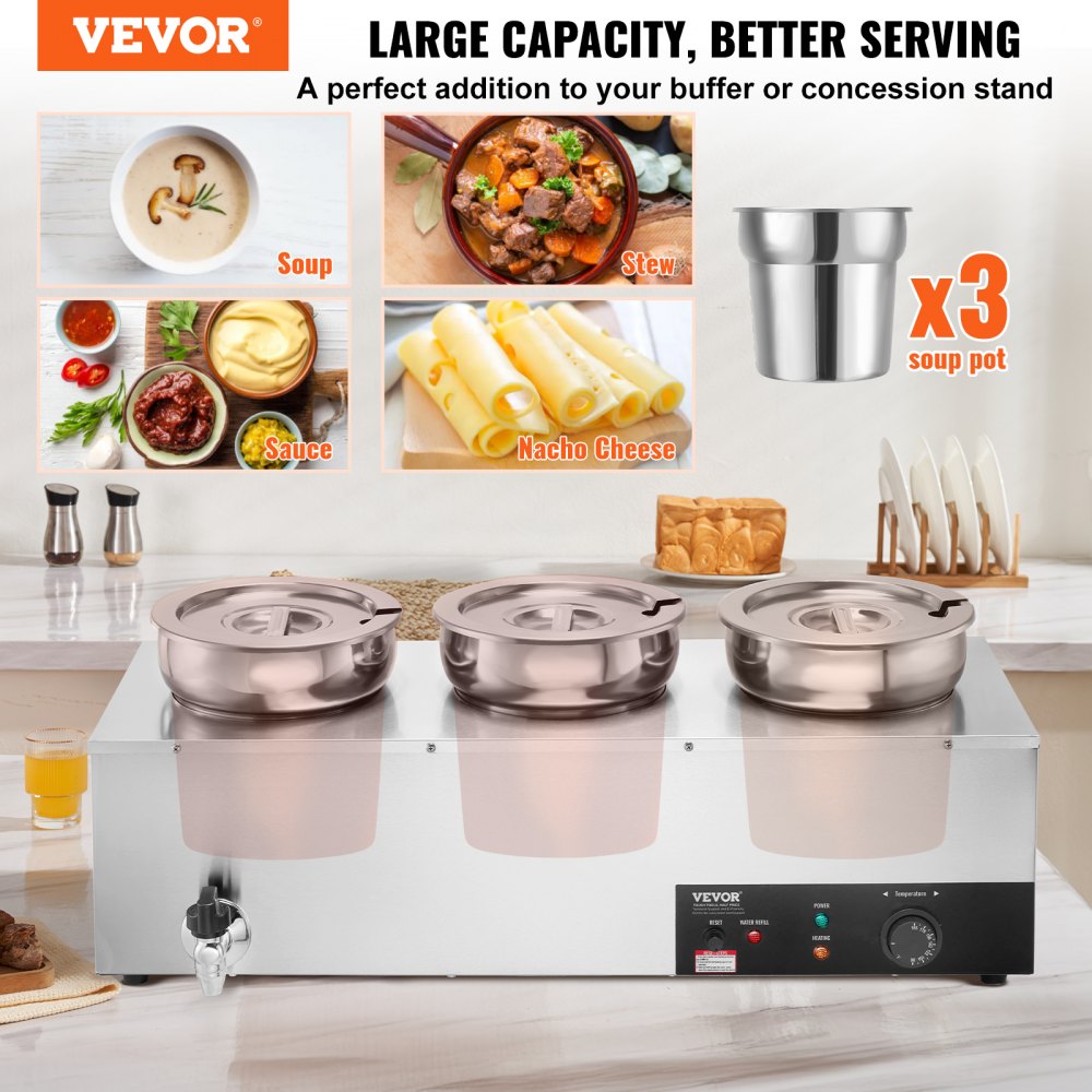 VEVOR Electric Soup Warmer, Three 7.4QT Stainless Steel Round Pot, 1200W Commercial Food Warmer, 86~185°F Adjustable Temp, Bain Marie with Anti-Dry Burn and Reset Button, for Restaurant, Buffet