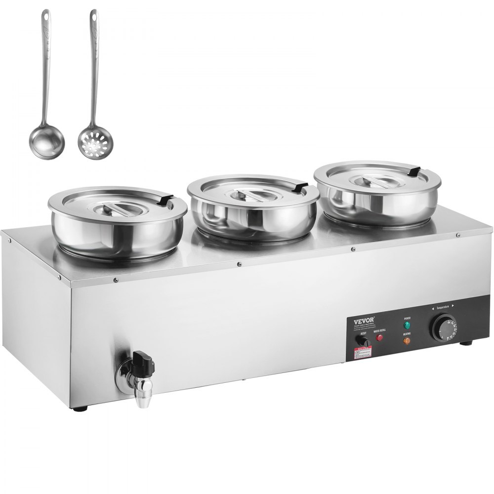 VEVOR electric soup warmer with three stainless steel pots and two ladles on a white background.