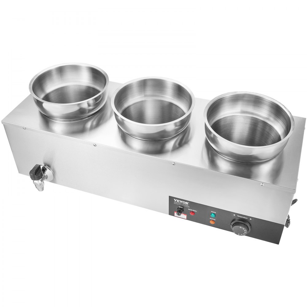 VEVOR Electric Soup Warmer, Three 7.4QT Stainless Steel Round Pot, 1200W Commercial Food Warmer, 86~185°F Adjustable Temp, Bain Marie with Anti-Dry Burn and Reset Button, for Restaurant, Buffet