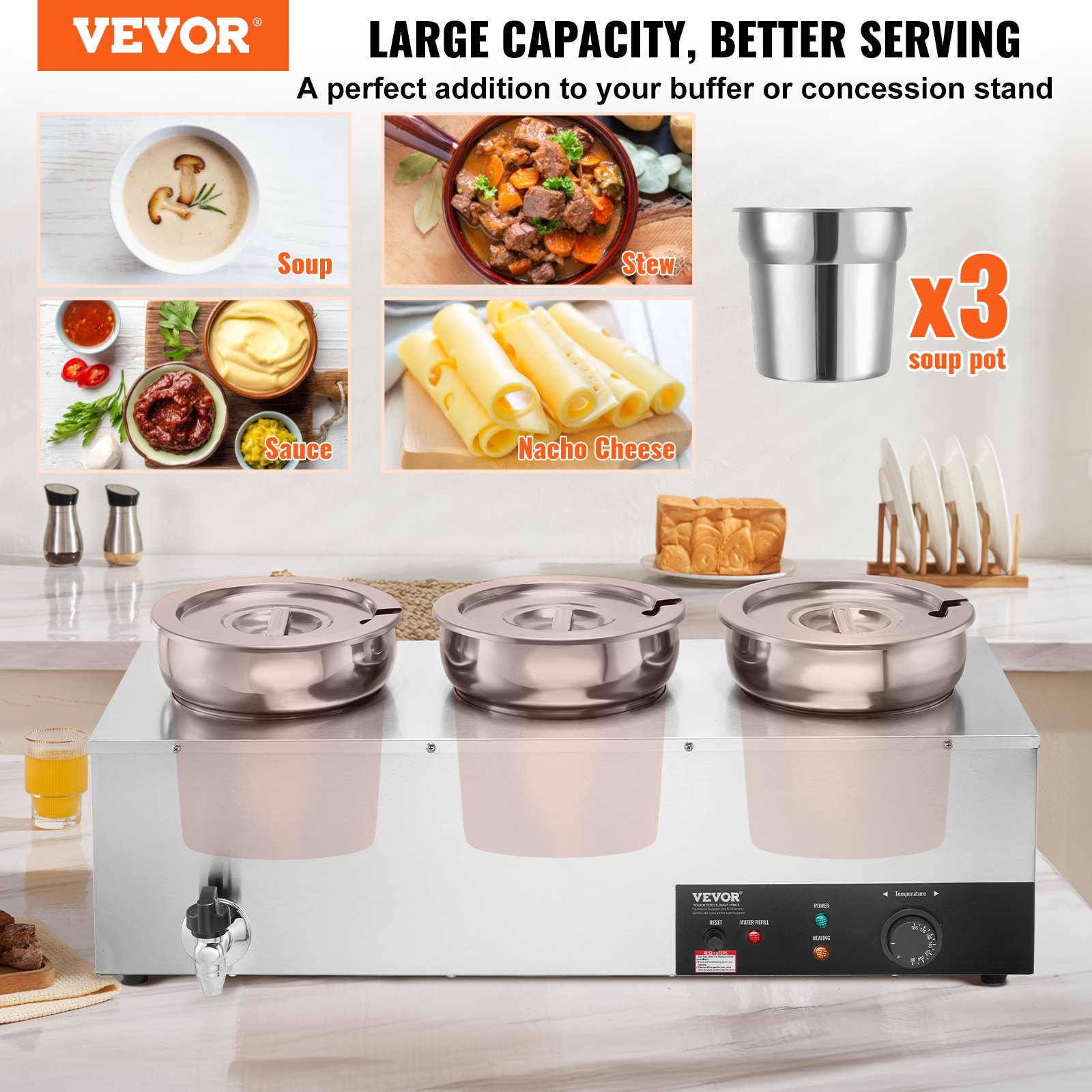 VEVOR Electric Soup Warmer, Three 7.4QT Stainless Steel Round Pot, 1200W Commercial Food Warmer, 86~185°F Adjustable Temp, Bain Marie with Anti-Dry Burn and Reset Button, for Restaurant, Buffet