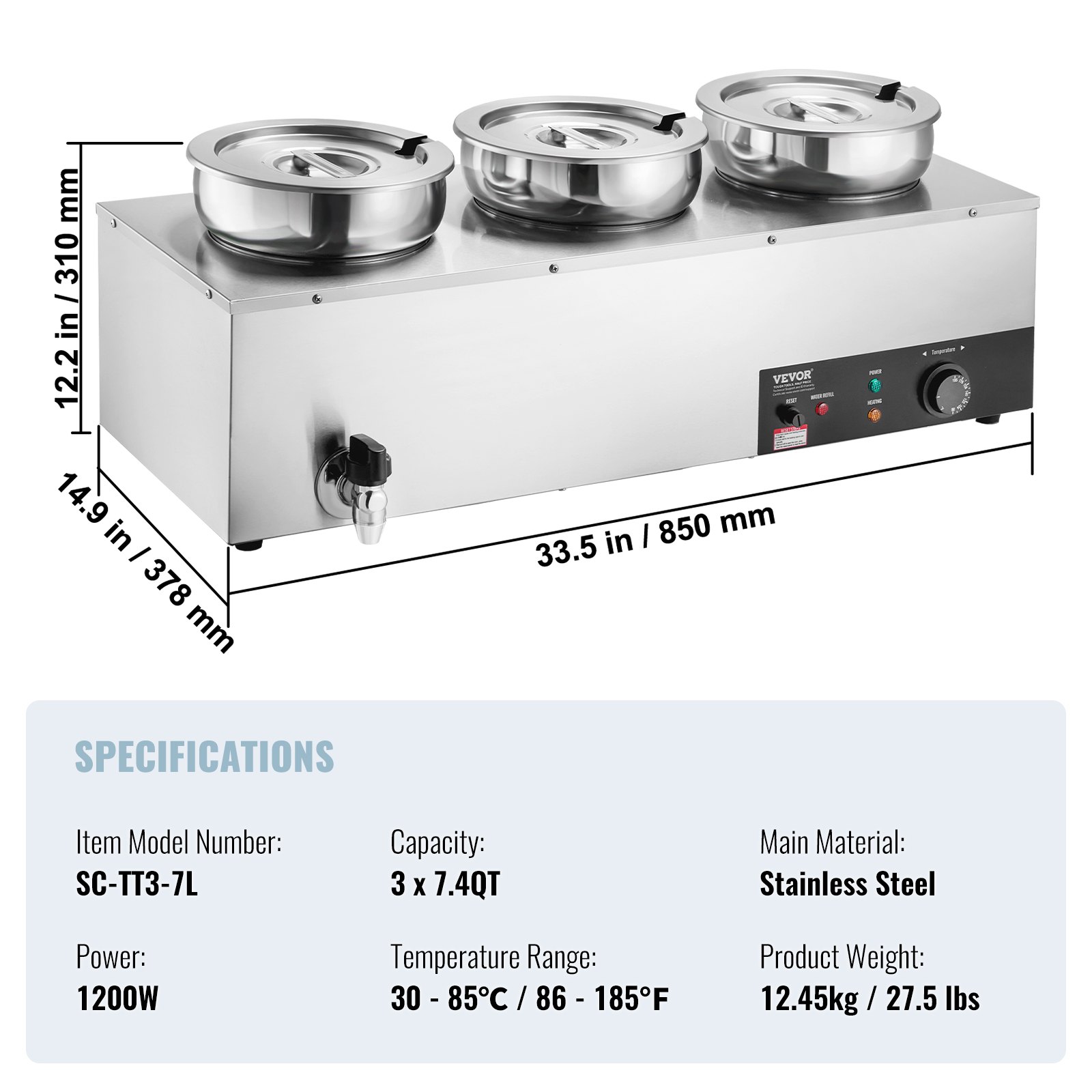 VEVOR Electric Soup Warmer, Three 7.4QT Stainless Steel Round Pot, 1200W Commercial Food Warmer, 86~185°F Adjustable Temp, Bain Marie with Anti-Dry Burn and Reset Button, for Restaurant, Buffet