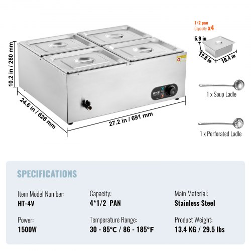 Calentador De Alimentos Comercial De 4 Sartenes VEVOR - 15,5 L, 1200W, Acero Inoxidable, Control De Temperatura 30-85°C