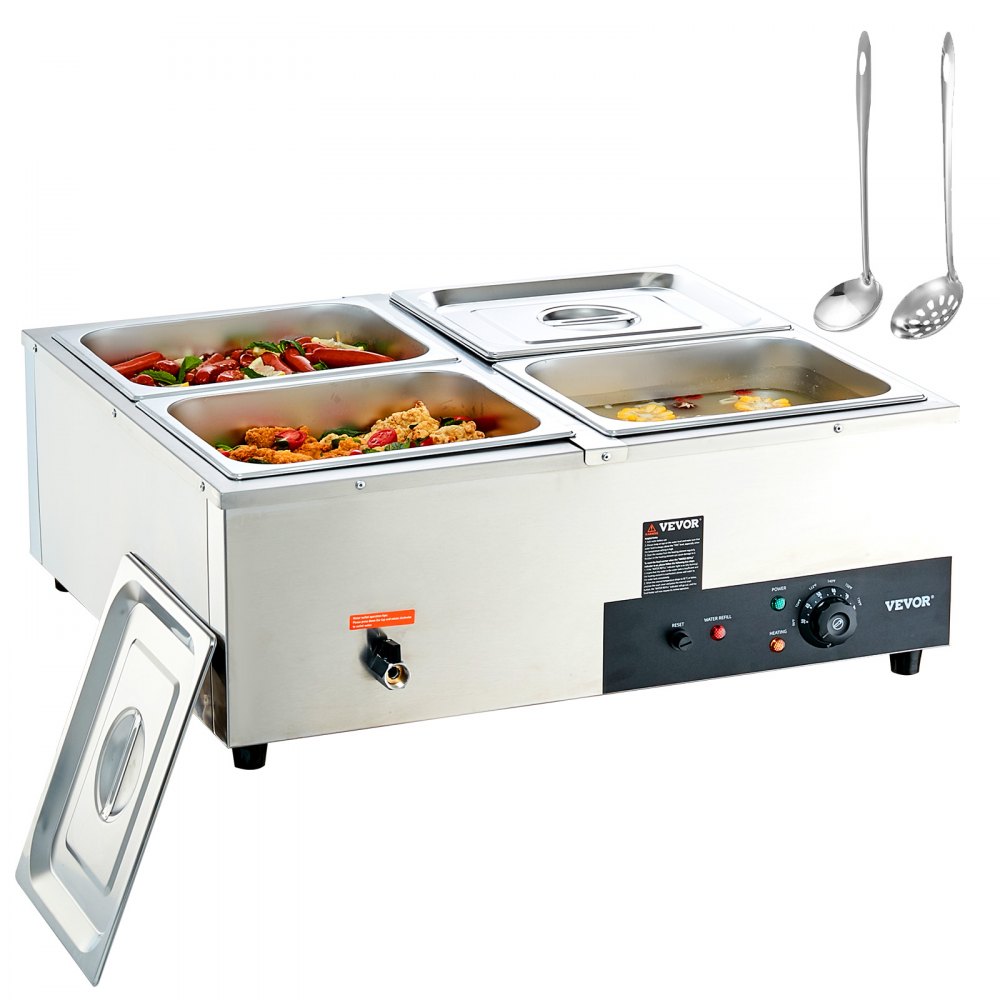 VEVOR 4-Pan Commercial Food Warmer, 4 x 12QT Electric Steam Table, 1500W Professional Countertop Stainless Steel Buffet Bain Marie with 86-185°F Temp Control for Catering and Restaurants, Silver