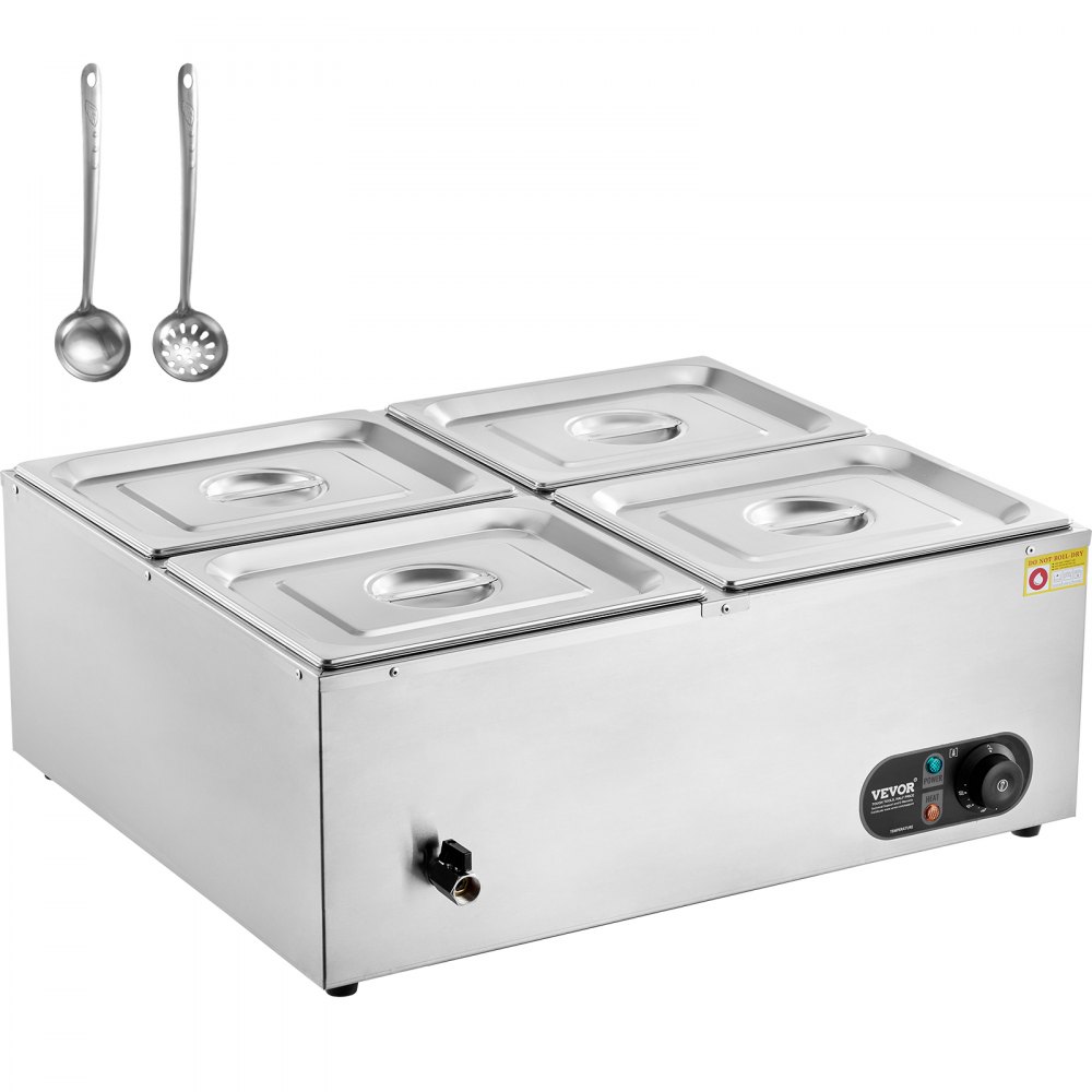 VEVOR 4-pan commercial food warmer with control panel and stainless steel ladles.