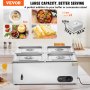 VEVOR 4-pan commercial food warmer showcasing spaghetti, porridge, and stew in stainless steel trays.